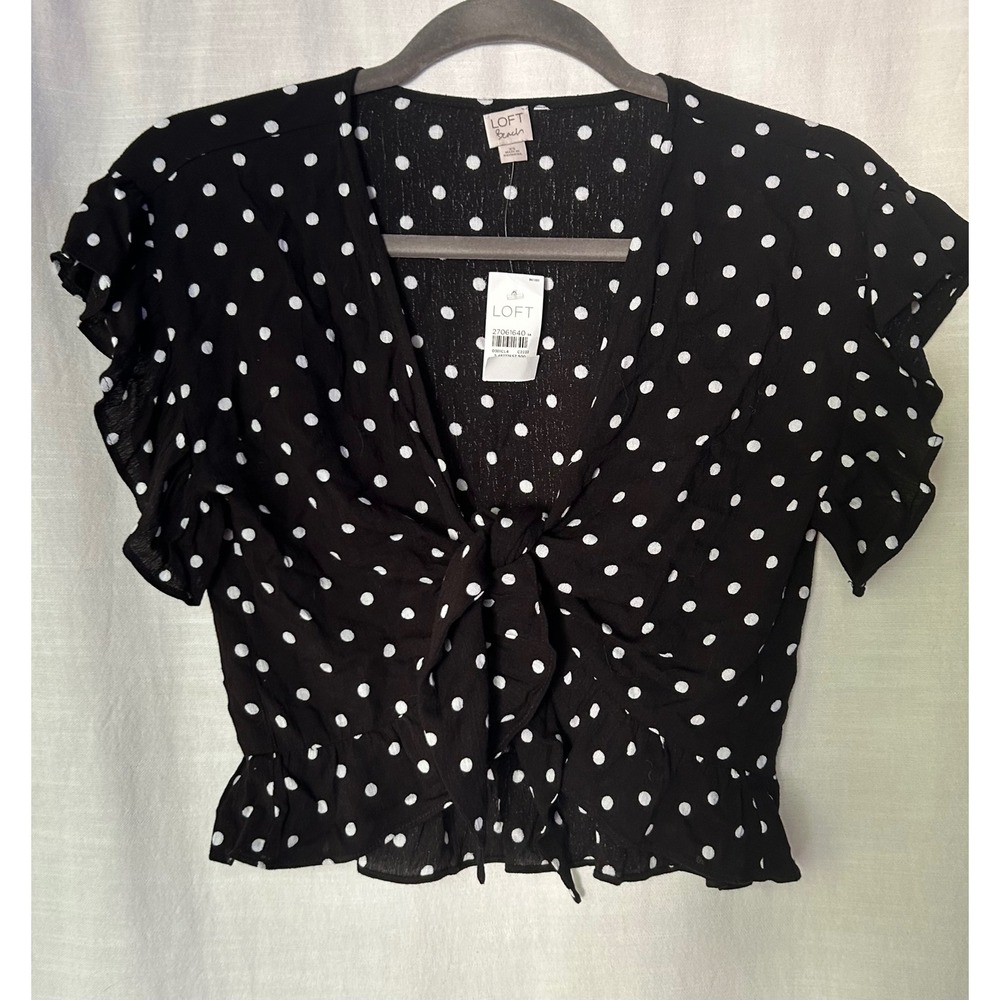 Loft Beach Womens XS Black Polka Dot Tie Front Ruffle Crop Top Blouse 27061640 - Picture 1 of 8